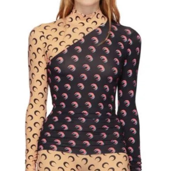 Marine Serre Tops - Marine Serre Black and Tan Top Contrast Turtleneck Long Sleeves Lightweight M